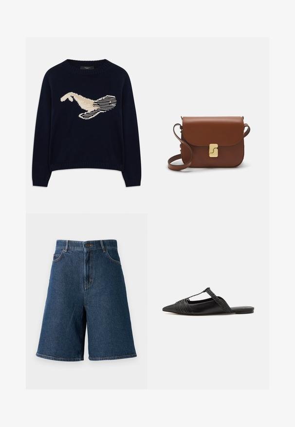 Tamno plavi pleteni pulover s kremastom grafikom ptice. Dizajn uključuje linearne uzorke te rebrasti dekolte i rukave.; Tamno plave traper kratke hlače visokog struka, s pet džepova i ravnim krojem. Imaju vidljive šavove i prednje dugme za zatvaranje.; Crne kožne cipele s remenom oko pete i šiljastim vrhom, s pletenim naglaskom i nabranim gornjim dijelom. Ravni đon s minimalnim hardverom.; Smeđa kožna torba s preklopom, zlatnim detaljima, remenom za nošenje preko ramena i glatkom teksturom. Kompaktni pravokutni oblik.