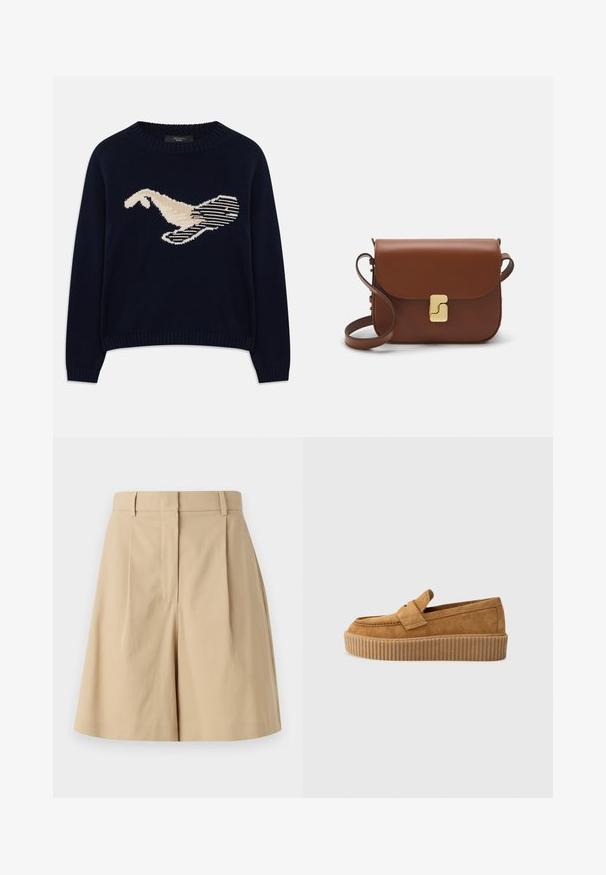 Pull en maille bleu marine avec un motif de oiseau de couleur crème. Le design comprend des motifs linéaires et un col et des poignets côtelés.; Shorts plissés beige à taille haute, présentant une texture lisse et sans fermetures visibles, conçus pour une silhouette épurée.; Mocassin en daim brun à bout rond, avec une semelle plateforme striée et une bande décorative sur le dessus.; Sac à main en cuir marron avec une fermeture à rabat, des accents en métal doré, une bandoulière et une texture lisse. Forme rectangulaire compacte.