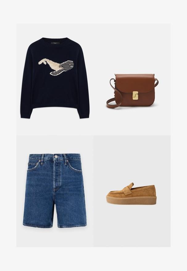 Námornícky modrý pletený sveter s krémovou grafikou vtáka. Dizajn obsahuje lineárne vzory a rebrovaný výstrih a manžety.; Džínsy šortky v tmavomodrej farbe s klasickým strihom, vybavené piatimi vreckami, zapínaním na gombík a kontrastnými oranžovými švami.; Hnedé semišové mokasíny s okrúhlym špičkou, s rebrovanou platformovou podrážkou a dekoratívnym pásikom cez hornú časť.; Hnedá kožená kabelka s klopou, zlatými kovovými prvkami, ramenným popruhom a hladkým povrchom. Kompaktný obdĺžnikový tvar.