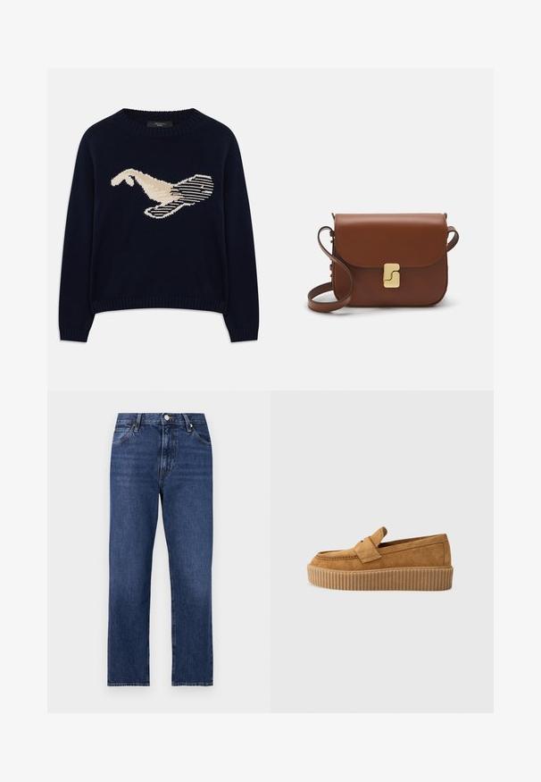 Pulover tricotat de culoare bleu marin, cu un grafic de pasăre de culoare crem. Designul include modele liniare și un guler și manșete cu model în relief.; Jeans din denim cu o spălare albastru închis. Design cu picior drept, cinci buzunare, închidere cu nasture în față și detalii cu cusături contrastante.; Mocasini din nubuc maroniu cu vârf rotund, având o talpă platformă cu nervuri și o curea decorativă peste partea superioară.; Geantă de piele maro cu închidere tip capac, accesorii de culoare aurie, curea de umăr și o textură netedă. Formă compactă și rectangulară.