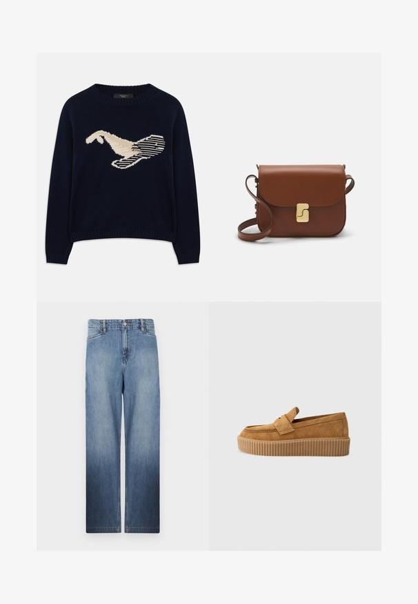 Temno modra pletena pulover z grafiko ptice v kremni barvi. Oblikovanje vključuje linearne vzorce ter rebrast ovratnik in manšete.; Svijetloplave traperice ravnog kroja s efektom fades, pet džepova i metalnim gumbom na struku.; Brajni semiš loafers z okroglo konico, ki imajo rebrast podplat in dekorativni trak čez zgornji del.; Rjava usnjena torbica s poklopcem, zlato obarvani okovi, naramnica in gladka tekstura. Kompaktna pravokotna oblika.