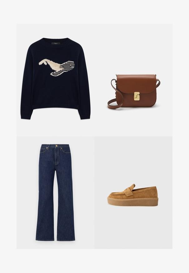 Tengerészkék kötött pulóver, amelyen egy krémszínű madár grafika található. A dizájn vonalas mintákat és bordázott nyakat, valamint mandzsettákat tartalmaz.; Sötétkék, bőszárú farmernadrág. Gombos záródással, elülső zsebekkel és kontrasztos varrással rendelkezik. Tiszta, klasszikus dizájn.; Barna velúr lódon, kerek orral, bordázott platform talppal és díszes pánttal a felső részen.; Barna bőr kézitáska, hajtókás zárással, arany színű fém kiegészítőkkel, vállpánttal és sima felülettel. Kompakt téglalap alakú.