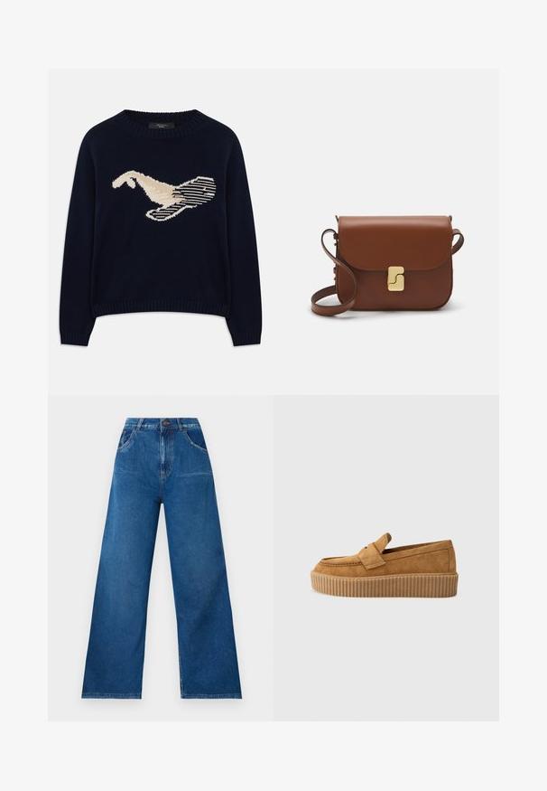 Pulover tricotat de culoare bleu marin, cu un grafic de pasăre de culoare crem. Designul include modele liniare și un guler și manșete cu model în relief.; Jeans cu picioare largi din denim albastru închis, cu talie înaltă, având buzunare frontale și posterioare, precum și detalii cu cusături în contrast.; Mocasini din nubuc maroniu cu vârf rotund, având o talpă platformă cu nervuri și o curea decorativă peste partea superioară.; Geantă de piele maro cu închidere tip capac, accesorii de culoare aurie, curea de umăr și o textură netedă. Formă compactă și rectangulară.