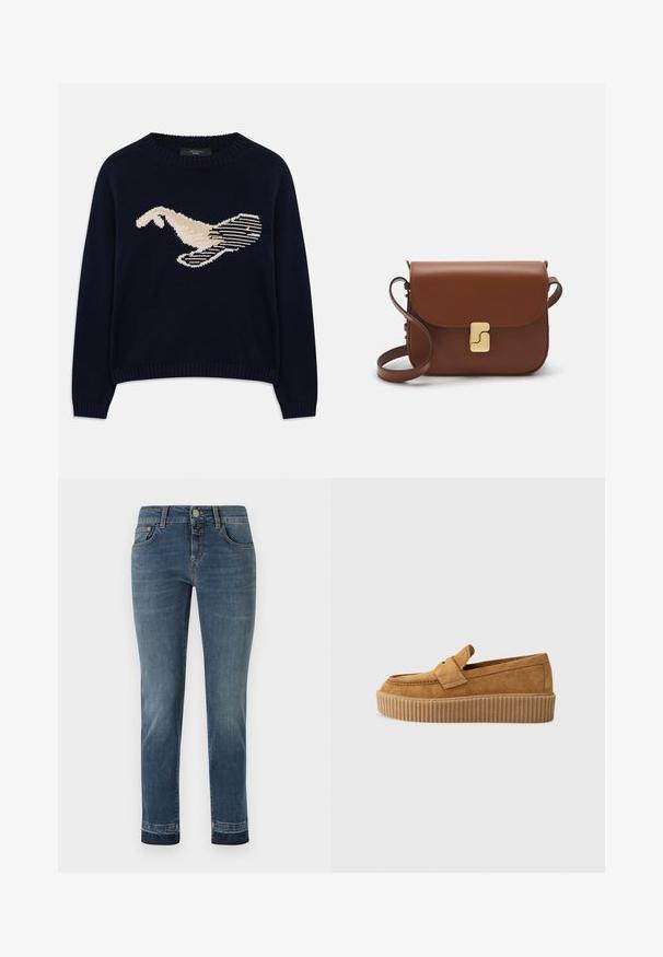 Jersey de punto azul marino con un gráfico de color crema de un pájaro. El diseño incluye patrones lineales y un cuello y puños acanalados.; Jeans de mezclilla azul oscuro con corte recto, que cuentan con un cierre de botón clásico y cinco bolsillos. Ligera decoloración en los muslos.; Mocasín de ante marrón con punta redonda, presentado con una suela de plataforma estriada y una cinta decorativa en la parte superior.; Bolso de mano de cuero marrón con cierre de solapa, herrajes en tono dorado, correa para el hombro y una textura suave. Forma rectangular compacta.