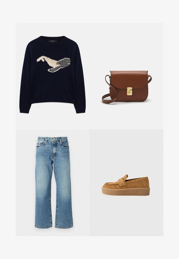 Navy blue knit sweater featuring a cream-colored graphic of a bird. The design includes linear patterns and a ribbed neckline and cuffs.; Light blue denim jeans with a wide-leg design, five pockets, and a button closure. Fabric features subtle fading and a classic texture.; Brown suede loafer with a round toe, featuring a ribbed platform sole and a decorative strap across the upper.; Brown leather handbag with a flap closure, gold-tone hardware, a shoulder strap, and a smooth texture. Compact rectangular shape.