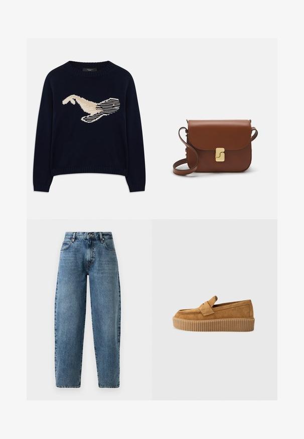 Tamno plavi pleteni pulover s kremastom grafikom ptice. Dizajn uključuje linearne uzorke te rebrasti dekolte i rukave.; Svijetloplave traperice s ravnim krojem, visokim strukom i minimalističkim šavovima. Klasičan stil s pet džepova i metalnim detaljima.; Smešaneti mokasini od smeđeg sukna s okruglim vrhom, s rebrastim platformom i dekorativnom trakom preko gornjeg dijela.; Smeđa kožna torba s preklopom, zlatnim detaljima, remenom za nošenje preko ramena i glatkom teksturom. Kompaktni pravokutni oblik.