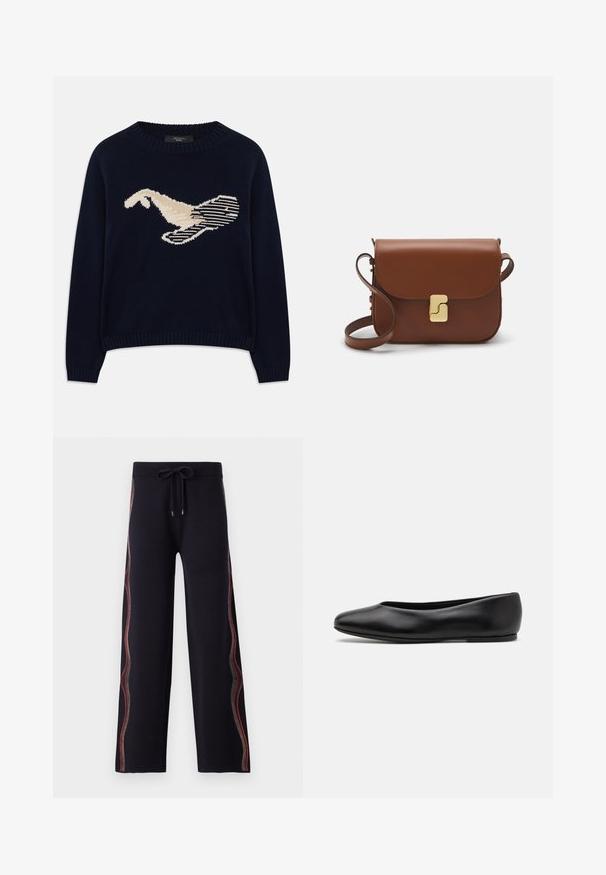 Dunkelblauer Strickpullover mit einem cremefarbenen Grafikdesign eines Vogels. Das Design umfasst lineare Muster sowie ein geripptes Halsbündchen und Manschetten.; Schwarze weite Hosen mit einer weichen Textur, die bunten dekorativen Nähten an der Seite und einem verstellbaren Kordelzugbund ausgestattet sind.; Paul Smith TOPANGA - Klassischer Ballerina - black; Braune Ledertasche mit Klappenverschluss, Beschlägen in Goldfarbe, einem Schultergurt und einer glatten Oberfläche. Kompakte rechteckige Form.