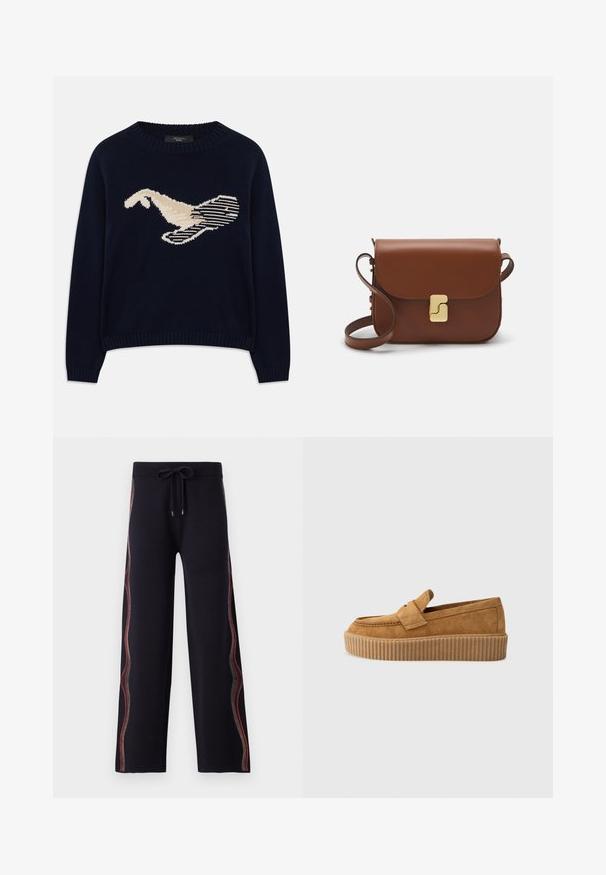 Tumši zilas krāsas adīta džemperis ar krēmkrāsas putna grafiku. Dizains ietver lineāras formas un ribota apkakli un piedurknes.; Melnas platās bikses ar mīkstu tekstūru, ar daudzkrāsainiem dekoratīviem šuvēm gar sānu un regulējamu auklu jostasvietā.; Brūni zamšādas loafers ar apaļu purngalu, ar ribotu platformas zoli un dekoratīvu siksnu pāri augšdaļai.; Bordo ādas rokas soma ar atloku, zeltītām detaļām, plecu siksnu un gludu virsmu. Kompakta, taisnstūrveida forma.