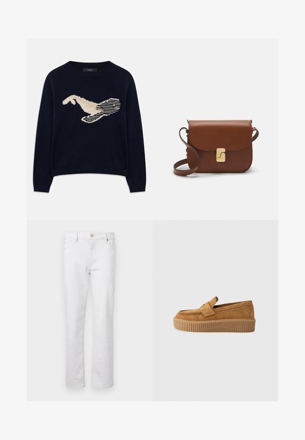 Maglione a maglia blu navy con una grafica color crema di un uccello. Il design include motivi lineari e un colletto e polsini a coste.; Jeans di denim bianco con taglio dritto, design a cinque tasche, cuciture chiare e chiusura con bottone argentato. Tessuto liscio e dettagli minimi.; Mocassino in suede marrone con punta rotonda, dotato di suola a piattaforma rigata e una fascia decorativa sulla parte superiore.; Borsa a tracolla in pelle marrone con chiusura a pattina, hardware color oro, tracolla e una finitura liscia. Forma rettangolare compatta.