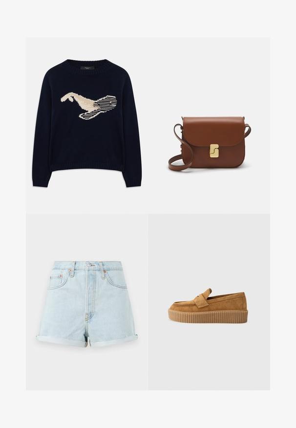 Navy blue knit sweater featuring a cream-colored graphic of a bird. The design includes linear patterns and a ribbed neckline and cuffs.; Light blue denim shorts with a high waist, turn-up cuffs, copper rivets, and a front zipper. Features classic five-pocket style.; Brown suede loafer with a round toe, featuring a ribbed platform sole and a decorative strap across the upper.; Brown leather handbag with a flap closure, gold-tone hardware, a shoulder strap, and a smooth texture. Compact rectangular shape.