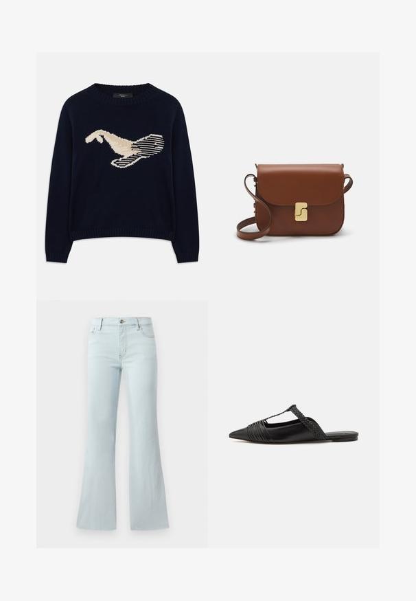 Tumed sinine kudum-sweater, millel on kreemjas värvuses lindude graafika. Kujundus sisaldab lineaarseid mustreid ning soonikkoes krae ja varrukaotsi.; Heledad sinine laienev teksapüks, mis on valmistatud denimist. Omab klassikalist viit taskut ja eest nööpidega sulgemist. Sile tekstuur kogu ulatuses.; Must kuulsad nahast kandadega kingad, millel on terav nina, koos kootud detaili ja volditud ülaosaga. Lame tald minimaalse riistvaraga.; Pruunist nahast käekott, millel on klapiga sulgur, kuldne riistvara, õlarihm ja sile tekstuur. Kompaktne ristkülikukujuline vorm.