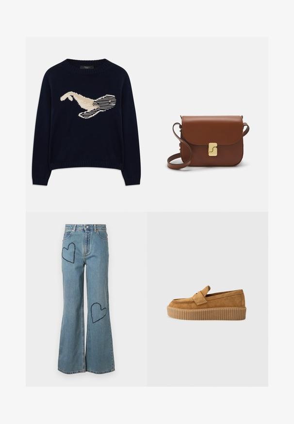 Tamno plavi pleteni pulover s kremastom grafikom ptice. Dizajn uključuje linearne uzorke te rebrasti dekolte i rukave.; Svijetloplave traperice s razvučenim nogavicama s dva tamnoplava srca na prednjoj strani. Klasični dizajn s pet džepova i zatvaranjem na dugme.; Smešaneti mokasini od smeđeg sukna s okruglim vrhom, s rebrastim platformom i dekorativnom trakom preko gornjeg dijela.; Smeđa kožna torba s preklopom, zlatnim detaljima, remenom za nošenje preko ramena i glatkom teksturom. Kompaktni pravokutni oblik.