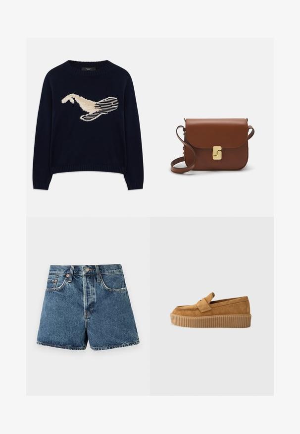 Tumši zilas krāsas adīta džemperis ar krēmkrāsas putna grafiku. Dizains ietver lineāras formas un ribota apkakli un piedurknes.; Denim šorti vidējā zilā krāsā ar augstu jostasvietu, piecām kabatām, kontrastējošiem šuvumiem un metāla pogu aizdari. Strukturēta auduma ar nedaudz izbalējušu izskatu.; Brūni zamšādas loafers ar apaļu purngalu, ar ribotu platformas zoli un dekoratīvu siksnu pāri augšdaļai.; Bordo ādas rokas soma ar atloku, zeltītām detaļām, plecu siksnu un gludu virsmu. Kompakta, taisnstūrveida forma.