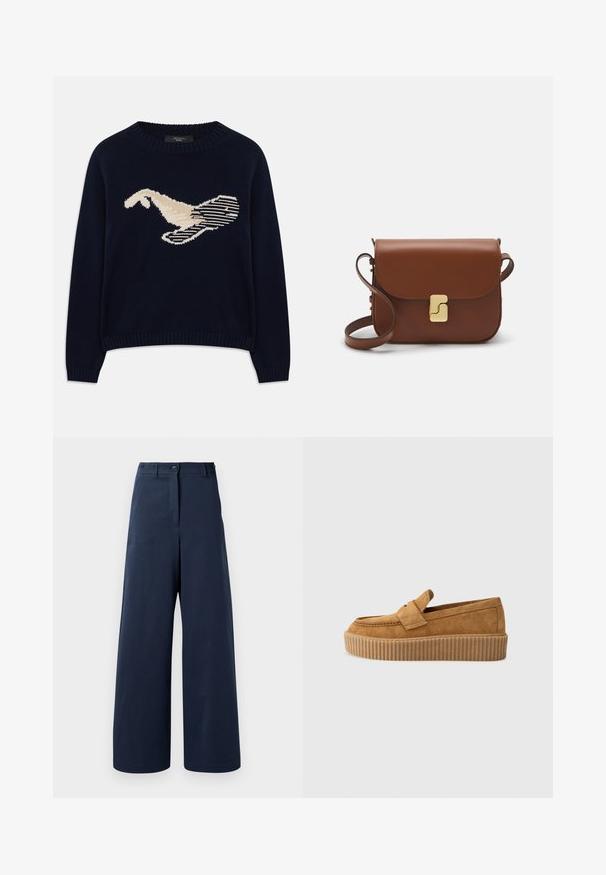 Granatowy sweter w dzianinę z kremową grafiką przedstawiającą ptaka. Wzór zawiera liniowe motywy oraz ściągacz na dekolcie i mankietach.; Granatowe spodnie wide-leg wykonane z gładkiego materiału, z wysokim stanem, dwoma guzikami z przodu, dwiema bocznymi kieszeniami i prostymi nogawkami.; Brązowe zamszowe mokasyny z okrągłym noskiem, z wyprofilowaną podeszwą platformową i dekoracyjnym paskiem na górze.; Brązowa skórzana torebka na ramię z klapką, złotymi detalami, paskiem na ramię i gładką teksturą. Kompaktowy prostokątny kształt.