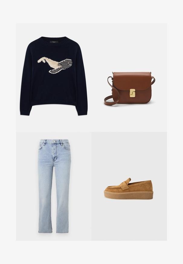 Tamsiai mėlynas megztinis su kreminės spalvos paukščio grafiką. Dizainas apima linijines formas ir pulpino apykaklę bei rankogalius.; Šviesiai mėlyni džinsai su tiesiu sijonu, penkiais kišenėmis, mygtuko ir užtrauktuko uždarymu bei matomais siuvimo detalėmis.; Rudos suedinės loafer tipo bateliai su apvaliu pirštu, turintys raukšlėtą platformos padą ir dekoratyvinę juostą per viršutinę dalį.; Ruda odinė rankinė su uždaromu dangteliu, aukso spalvos detalėmis, petneša ir lygiu paviršiumi. Kompaktiška stačiakampio formos.