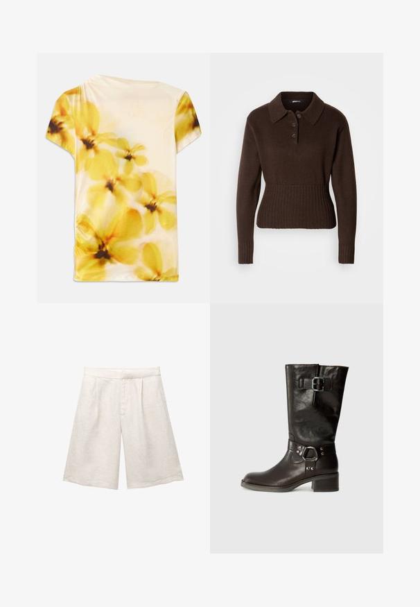 Brązowy sweter z długim rękawem, wykonany z dzianiny, z kołnierzykiem, trzema guzikami przy szyi oraz ściągaczem na dole i przy mankietach, pokazany na białym tle.; Krótki rękaw, górna część z miękkiego materiału, z rozmytym kwiatowym wzorem w żółtych i kremowych odcieniach, z lekkim marszczeniem po jednej stronie.; Beżowe lniane szorty o szerokich nogawkach, z plisami z przodu i gładkim pasem. Materiał ma lekko teksturowane wykończenie.; Brązowe skórzane kozaki do kolan z okrągłym noskiem, bocznym zapięciem i grubym obcasem. Gładka tekstura z metalicznymi akcentami na pasku.