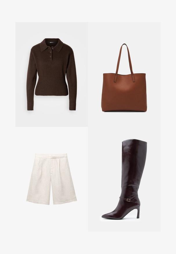 Smeđi dugi pulover od pletenine s ovratnikom, tri gumba na vratu i rebrastim rubovima i manžetama, prikazan na bijeloj pozadini.; Bež lanene hlače s širokim nogavicama, s prednjim naberama i glatkim pojasom. Tkanina ima blago teksturiranu završnu obradu.; Smeđe kožne čizmice do koljena s dugim vrhom, stileto potpeticom i dekorativnom kopčom oko članka. Glatka tekstura.; Smeđa kožna torba preko ramena s glatkom teksturom, otvorenim vrhom i dvjema naramenicama. Ima minimalne šavove i nema vidljivog hardvera.