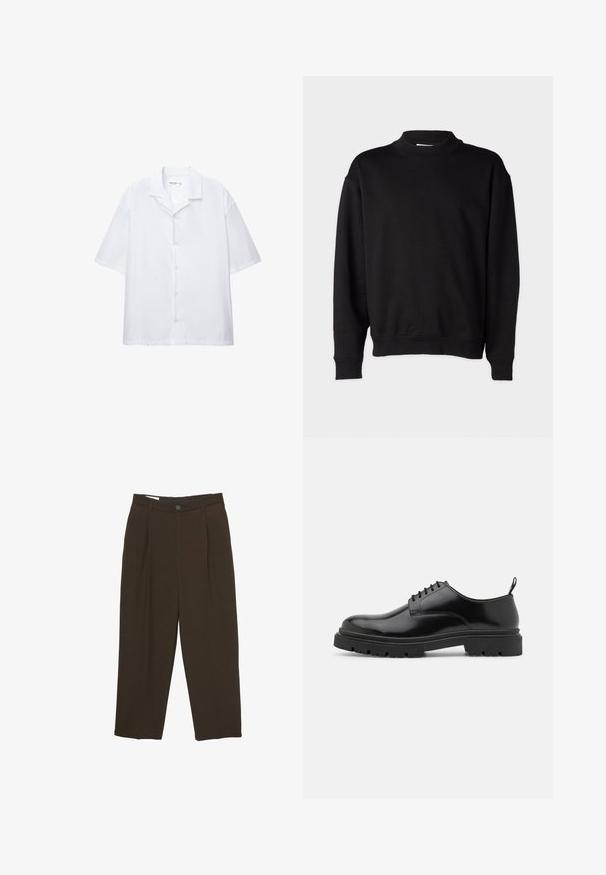 Schwarzer Sweatshirt mit hohem, geripptem Kragen, langen Ärmeln und lockerer Passform. Weiche Textur mit gerippten Bündchen und Saum.; Kurzärmliges, weißes Hemd aus glattem Stoff mit klassischem Kragen und lockerer Passform. Keine sichtbaren Muster oder Akzente.; Dunkelbraune maßgeschneiderte Hosen mit vorderen Falten, Gürtelschlaufen und einem Knopfverschluss an der Taille.; Schwarze Leder Schnürschuhe mit runder Zehenpartie, glatter Oberfläche und genoppter Gummisohle. Verfügen über einen kleinen Absatz und eine Ziehschlaufe auf der Rückseite.