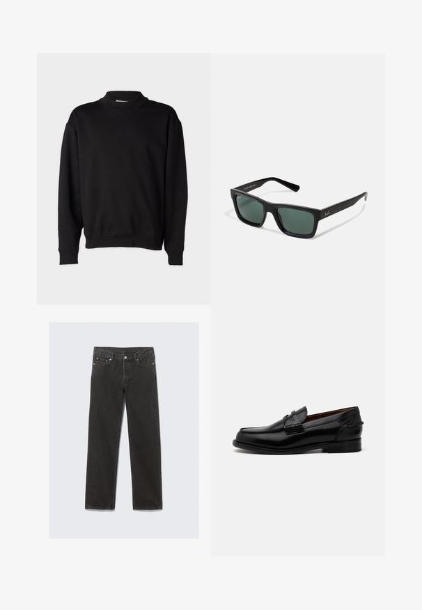 Sweatshirt preto com colarinho alto em canelado, mangas longas e corte descontraído. Textura suave com punhos e bainha em canelado.; Jeans de denim pretos de perna reta com um design clássico de cinco bolsos, apresentando costura laranja e fecho com zíper.; Mocassins de couro preto com uma forma ligeiramente alongada, apresentando detalhamento em costura e um pequeno salto. Acabamento liso e brilhante.; Óculos de sol retangulares pretos com lentes verdes, apresentando um acabamento mate, hastes retas e o logotipo da Ray-Ban de lado.