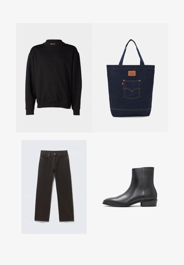Black sweatshirt with a high, ribbed collar, long sleeves, and a relaxed fit. Soft texture with ribbed cuffs and hem.; Black denim jeans with a straight-leg design, five pockets, and copper-colored stitching. Smooth texture, classic button closure at the waist.; ALDO PILLOWWALK+FLEX INSIDE ZIP AMUR - Classic ankle boots - open black; Denim tote bag in dark blue with two handles, visible stitching, and a front pocket featuring a classic logo patch.