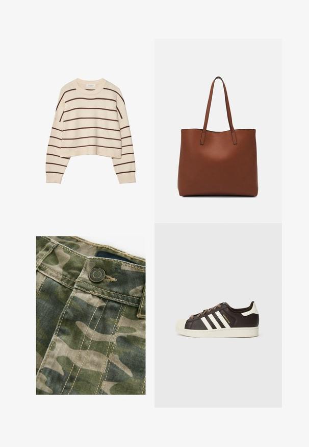 Pull crème avec des rayures horizontales marron, doté d'un col rond, d'un ourlet court et de poignets côtelés. Matière en tricot douce.; Tissu à motif camouflage avec des nuances de vert et de beige, présentant des coutures visibles, un bouton en métal et une texture lisse.; Baskets basses Adidas Superstar en cuir marron foncé avec embout coquille crème, bandes blanches et texte "Superstar" sur le côté.; Sac fourre-tout en cuir marron avec une texture lisse, design à ouverture supérieure et deux poignées pour le porter à l'épaule. Présente des coutures minimales et aucun matériel visible.