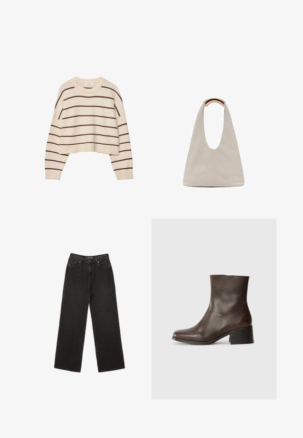 Kerman neule, jossa on ruskeat vaakasuorat raidoitukset, pyöreä kaula-aukko, lyhennetty helma ja ribbausvarret. Pehmeä neulosmateriaali.; Mustat leveät farkut, jotka on valmistettu denimestä ja joissa on pieniä pistekuvioita, perinteinen viisi-taskuinen muotoilu sekä nappi- ja vetskarihyttys.; Ruskeat nahkaiset nilkkurit, joissa on sileä pinta, pyöristetty varvasto ja paksu musta korko. Ominaisuuksina minimalistinen muotoilu ilman näkyvää varustusta.; Vaalea harmaa nahkalaukku, jossa on U-muotoinen muotoilu ja kaareva metallikahva. Suora pinta, jossa on minimaalinen ompelu ja ei näkyviä kuvioita.