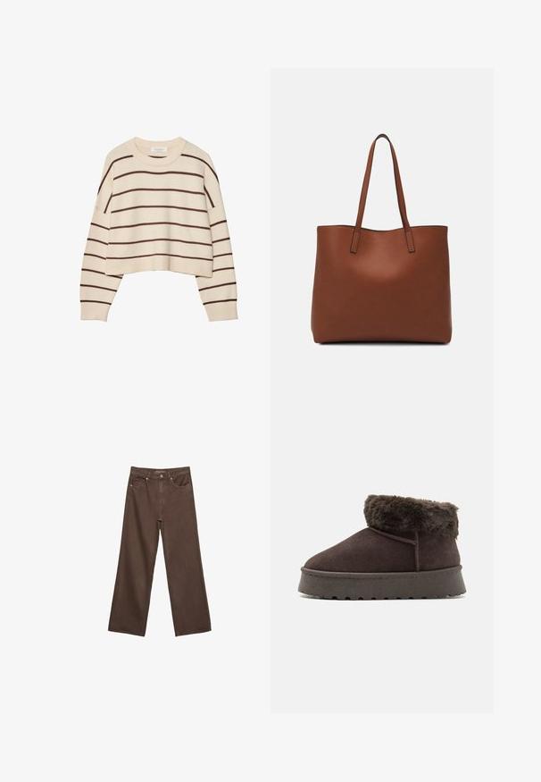 Maglione crema con strisce orizzontali marroni, dotato di scollo rotondo, orlo corto e polsini a costina. Materiale in maglia morbido.; Jeans a gamba larga marroni in denim, con vita alta, tasche anteriori e chiusura a bottone classica. Tessuto liscio con cuciture sottili.; Stivale alla caviglia in suede marrone con colletto in pelliccia sintetica, punta rotonda e suola in gomma testurizzata. Presenta una semplice cucitura e un design a profilo basso.; Borsa tote in pelle marrone con texture liscia, design con apertura superiore e due spallacci. Presenta cuciture minime e nessun hardware visibile.