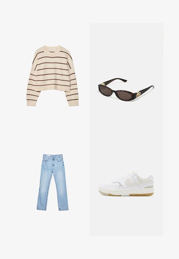 Krämfärgad tröja med bruna horisontella ränder, med rund halsringning, beskuren nederkant och ribbade muddar. Mjuk stickad material.; Ljusblå denimjeans med rak passform, femficksdesign och synlig sömnad. Middelhög midja med klassisk knapp- och dragkedjestängning.; Vita sneakers med en slät läderövre, ljusbeige detaljer, perforerade inslag och en tan-gummisula. Minimalistisk design.; Sköldpaddsformade solglasögon med avlånga ovala linser, brunt toning, guldfärgade logotypdetaljer på skalmarna och slanka svarta skaft.