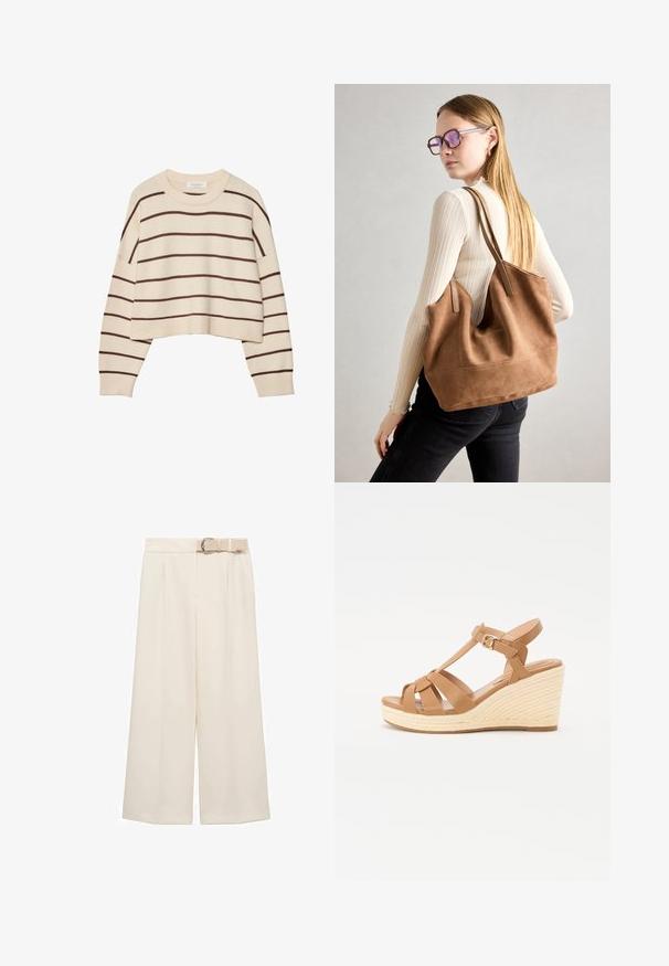 Pull crème avec des rayures horizontales marron, doté d'un col rond, d'un ourlet court et de poignets côtelés. Matière en tricot douce.; Pantalons à jambe large de couleur crème clair, avec un devant plat, des plis et une ceinture assortie avec une boucle en métal.; Sandales compensées en tan avec un design à lanières croisées, boucle réglable à la cheville et une semelle compensée en espadrille tissée texturée.; Sac fourre-tout en daim marron avec une texture douce, grande ouverture et longues sangles. Présente un design simple avec des coutures visibles et sans matériel.