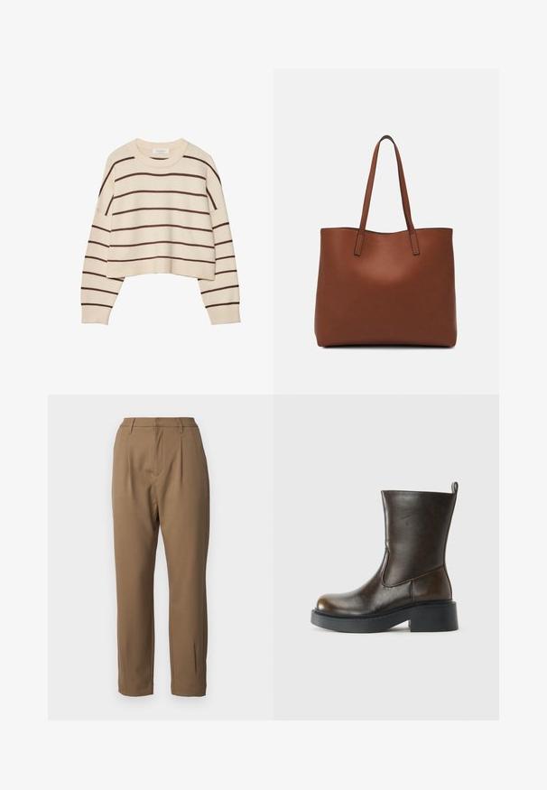 Crème trui met bruine horizontale strepen, voorzien van een ronde hals, een cropped zoom en geribbelde manchetten. Zacht breigoed.; Bruine broek van gladde stof, met een getailleerde pasvorm, plooien aan de voorkant en rechte broekspijpen, voorzien van zijzakken.; Donkere bruin leren laars tot halverwege de kuit met een ronde neus, dikke zwarte zool, lage blokhak en een trekband aan de achterkant.; Bruine leren tote bag met een gladde textuur, een ontwerp met een open bovenkant en twee schouderbanden. Kenmerkt zich door minimale stiksels en geen zichtbare hardware.