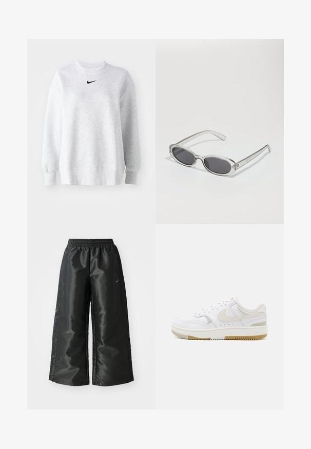 Gray sweatshirt made of soft fabric featuring a round neck, dropped shoulders, ribbed cuffs, and a small black Nike logo on the chest.; Black athletic pants with a shiny, smooth fabric, featuring an elastic waistband, wide legs, and a small logo on the left side.; White sneakers with a smooth leather upper, light beige accents, perforated detailing, and a tan rubber sole. Minimalistic design.; Sunglasses with an oval shape, clear plastic frame, dark gray lenses, and thin transparent arms featuring logo accents and minimal detailing.