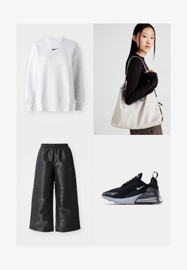Szürke pulóver puha anyagból, kerek nyakkivágással, ejtett vállakkal, bordázott mandzsettákkal és egy kis fekete Nike logóval a mellkason.; Fekete sportnadrág fényes, sima anyagból, rugalmas derékkal, széles lábakkal és egy kis logóval a bal oldalon.; Fekete sportcipő, hálós felsőrésszel, fehér swoosh logóval, látható Air egységgel és texturált talppal. Kiegészítők között található egy hátsó húzófül.; Puha anyagból készült bézs kézitáska, laza dizájnnal, varrott részletekkel és két vállpánttal. Mindennapi használatra alkalmas.