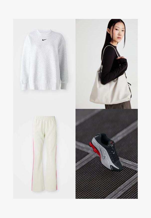 Sweatshirt cinza feito de um tecido suave, com gola redonda, ombros caídos, punhos em canelado e um pequeno logo preto da Nike no peito.; Calças bege claras com uma cintura elástica, apresentando painéis laterais cor-de-rosa e bolsos laterais. Textura suave com um design de perna reta.; Shoe desportiva preta e cinza com sola almofadada vermelha, atacadores pretos e logotipo swoosh repousando sobre uma superfície de grelha metálica.; Uma bolsa bege feita de material macio, com um design descontraído, detalhes de costura e duas alças para o ombro. Adequada para uso diário.