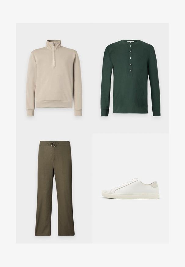 Beige Sweatshirt mit kurzer Frontreißverschluss und Stehkragen, langen Ärmeln sowie gerippten Bündchen und Saum. Weicher Stoff mit minimalistischem Design.; Dunkelgrünes Langarm-Henley-Shirt aus Baumwolle mit Rundhalsausschnitt, fünf weißen Knöpfen und gerippten Bündchen. Glatte Textur.; Locker sitzende, olivgrüne Leinenhosen mit einem Kordelzugbund und weitem Bein. Glatte Textur, minimalistisches Design, keine sichtbaren Muster oder Akzente.; Weiße Leder Sneakers mit glatter Oberfläche, runder Zehenform und minimalistischem Design. Mit beigen Akzenten an der Ferse und einer Gummisohle.
