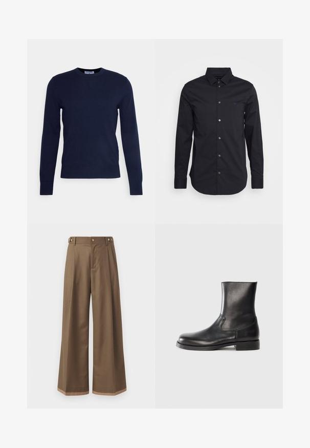 Tumši zils kreklveida džemperis, izgatavots no mīksta auduma, ar garām piedurknēm un ribotu apakšmalu. Nav redzamu rakstu vai rotājumu.; Melnas garās piedurknes pogājamas krekls, kas izgatavots no gludas auduma, ar klasisku apkakli, pilna garuma piedurknēm un nelielu logotipu uz krūšu.; Plati bikses tumši brūnā audumā, ar divām sānu kabatām, diviem dekoratīviem priekšējiem pogām un kontrastējošu apakšējo malumu detaļu.; Melna ādas potītes zābaks ar gludu tekstūru, noapaļotu purngalu, elastīgām sānu paneļiem un zemu, struktūru gumijas zoli.