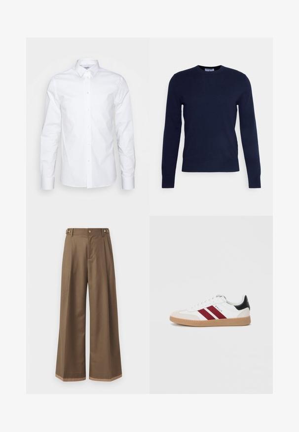 Marineblauwe ronde hals trui van zachte stof, met lange mouwen en een geribbelde zoom. Geen zichtbare patronen of versieringen.; Witte blouse met lange mouwen, een spitse kraag, knoopsluiting aan de voorkant en een gladde katoenstructuur. Voorzien van manchetknopen en een getailleerde pasvorm.; Wijdvallende broek in een donkerbruine stof, met twee zijzakken, twee decoratieve knopen aan de voorkant en een contrasterende zoomdetail.; Witte lage sneakers met twee wijnrode strepen, een suède neuskap en een zwart accent op de hiel, met een gum outsole.