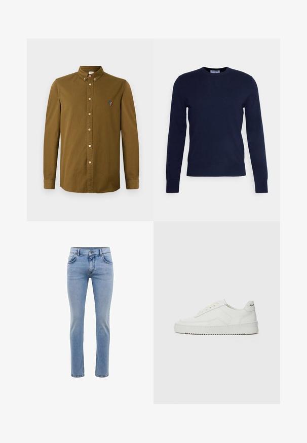 Maglione a collo tondo blu navy realizzato in morbido tessuto, con maniche lunghe e orlo a coste. Senza motivi o decorazioni visibili.; Camicia marrone a maniche lunghe con colletto button-down, caratterizzata da un piccolo design ricamato multicolore sul petto e bottoni chiari.; Jeans in denim blu chiaro con vestibilità slim, cinque tasche e design a gamba dritta. Presenta un'apertura con zip e passanti per cintura. Texture morbida.; Sneaker in pelle bianca con una finitura liscia, punta rotonda, lacci piatti e suola testurizzata. Presenta un logo discreto sul tallone.