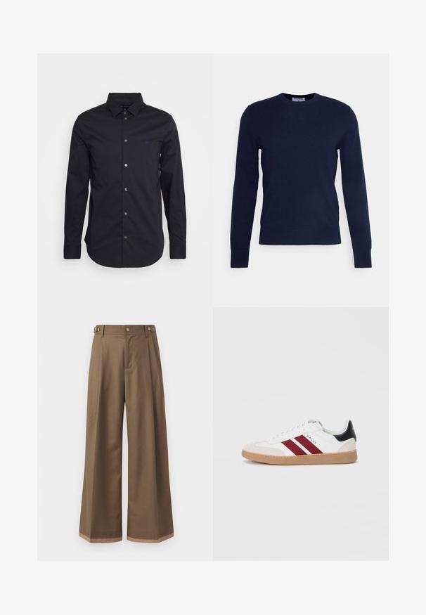 Námornícky modrý sveter s okrúhlym výstrihom vyrobený z mäkkého materiálu, s dlhými rukávmi a rebrovaným lemom. Žiadne viditeľné vzory ani ozdoby.; Čierna košeľa s dlhým rukávom a gombíkmi vyrobená z hladkej tkaniny, s klasickým golierom, plnými rukávmi a malým logom na hrudi.; Široké nohavice z tmavohnedej textílie, s dvoma bočnými vreckami, dvoma dekoračnými prednými gombíkmi a kontrastným detailom na leme.; Biele nízkoprenosné tenisky s dvoma vínovými prúžkami, semišovou špičkou a čiernym akcentom na päte, vybavené gumenou podrážkou.