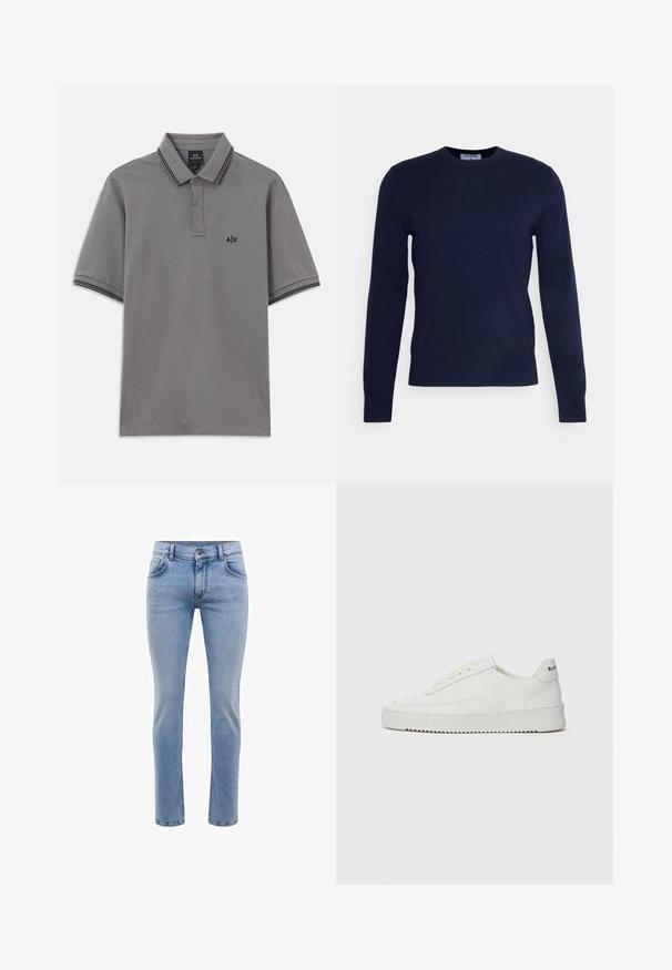 Tamsiai mėlynas apvalaus kaklo megztinis, pagamintas iš minkštos medžiagos, su ilgomis rankovėmis ir banguota apatine dalimi. Nėra jokių matomų raštų ar papuošimų.; Pilkas trumpo rankovės polo marškinėliai su juodu apdaila ant apykaklės ir rankovių, mygtukų užsegimu, ir mažuoju juodu A|X logotipu kairiajame krūtinės šone.; Šviesiai mėlynos džinsinės kelnės su siauromis kojomis, penkiais kišenėmis ir tiesiomis kojomis. Su užtrauktuku ir diržo kilpomis. Švelnus paviršius.; Balti odiniai sportiniai bateliai su lygia apdaila, apvaliu pirštu, plokščiais raišteliais ir tekstūruotu padu. Pasižymi subtiliu logotipu ant kulno.