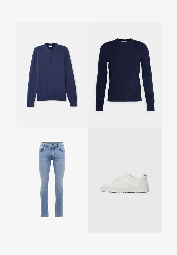 Granatowy sweter z okrągłym dekoltem, wykonany z miękkiego materiału, z długimi rękawami i żeberkowym wykończeniem. Bez widocznych wzorów ani ozdób.; Granatowy sweter polo z długim rękawem, wykonany z miękkiej dzianiny. Posiada klasyczny kołnierzyk, trzy guziki oraz ściągacze przy rękawach i u dołu.; Jasnoniebieskie dżinsy o slim fit, pięć kieszeni i prostym kroju nogawki. Posiadają zamek błyskawiczny i szlufki na pasek. Miękka struktura.; Białe skórzane sneakersy o gładkim wykończeniu, okrągłym nosku, płaskich sznurówkach i teksturowanej podeszwie. Charakteryzują się delikatnym logo na pięcie.