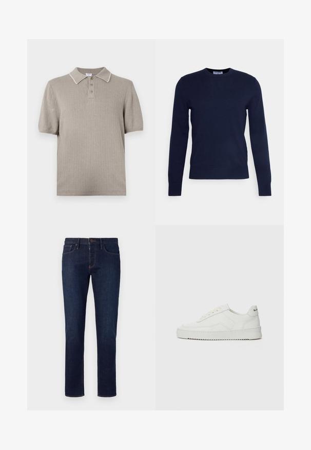 Granatowy sweter z okrągłym dekoltem, wykonany z miękkiego materiału, z długimi rękawami i żeberkowym wykończeniem. Bez widocznych wzorów ani ozdób.; Filippa K - Koszulka polo; Emporio Armani - Jeansy Slim Fit; Białe skórzane sneakersy o gładkim wykończeniu, okrągłym nosku, płaskich sznurówkach i teksturowanej podeszwie. Charakteryzują się delikatnym logo na pięcie.
