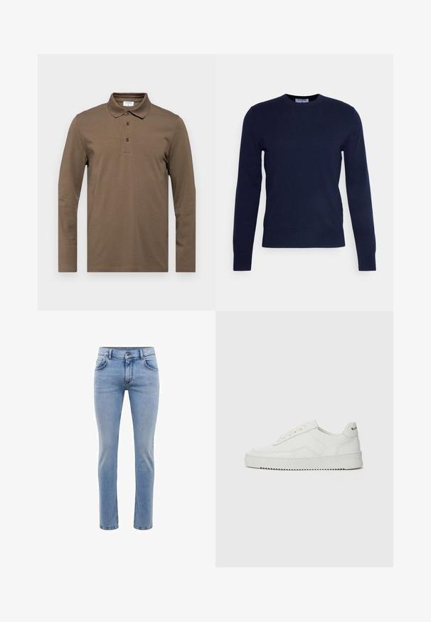 Marineblauwe ronde hals trui van zachte stof, met lange mouwen en een geribbelde zoom. Geen zichtbare patronen of versieringen.; Langsleeve bruin poloshirt gemaakt van zachte stof, met een klassieke kraag, drieknoopsluiting en subtiele stikdetails.; Lichtblauwe denim jeans met een slim fit, vijf zakken en een rechte pijp. Voorzien van een rits en riemlussen. Zachte textuur.; Witte leren sneaker met een gladde afwerking, ronde neus, platte veters en een gestructureerde zool. Kenmerkt zich door een subtiel logo op de hiel.