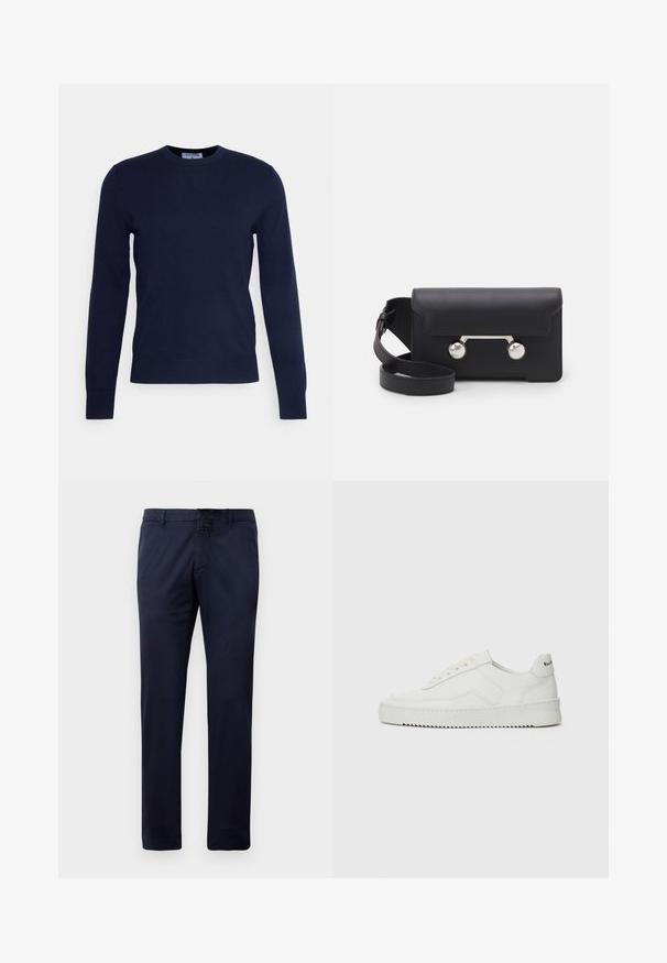 Tengerészkék, kerek nyakú pulóver, puha anyagból készült, hosszú ujjal és bordás szegéllyel. Nincsenek látható minták vagy díszítések.; Tengerészkék egyenes szárú nadrág övakasztókkal, elől gombos záródással és oldalsó zsebekkel, fehér háttér előtt bemutatva.; Fehér bőr sportcipő sima felülettel, kerek orral, lapos fűzőkkel és texturált talppal. Finom logó található a sarokon.; Fekete bőr keresztpántos táska hajtókával, ezüst színű kiegészítőkkel és két kerek díszítéssel. Levehető pánttal rendelkezik. Simább textúrájú.
