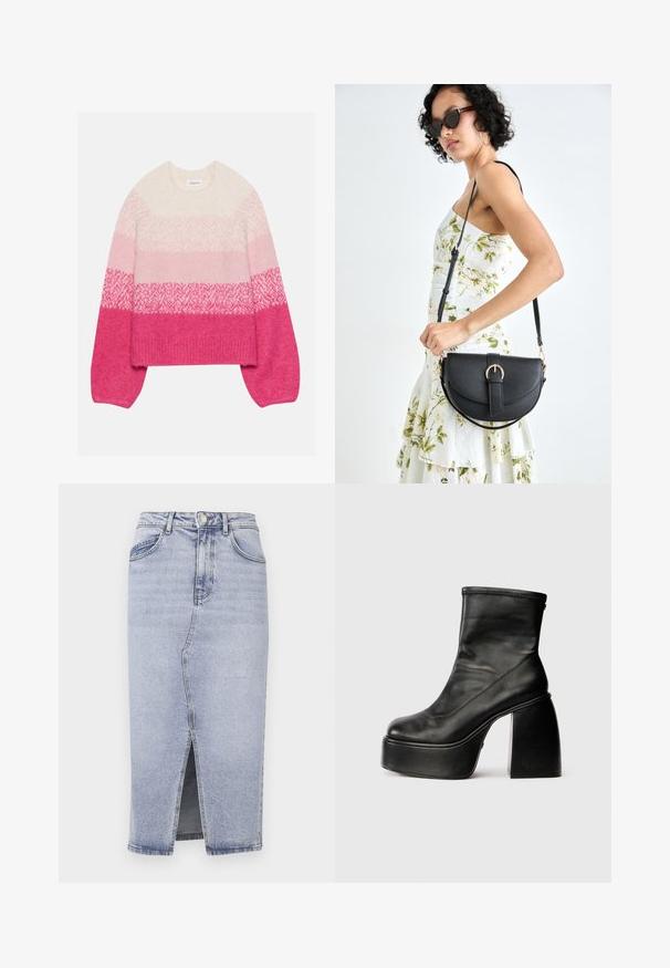 Kötött pulóver krém, rózsaszín és fuksziá színekben, átmenetes árnyalatokkal, strukturált mintákkal és széles ujjakra. Kerek nyakkivágás, rövidített fazon.; Világoskék farmer szoknya magas derékkal, egyenes szabással, elülső hasítékkal és két hátsó zsebbel. Gombos záródással és diszkrét varrási részletekkel rendelkezik.; Fekete bőr bokacsizma lekerekített orral, sima felülettel és feltűnő tömbsarokkal. Oldalsó cipzárral rendelkezik. Minimalista dizájn.; Fekete bőrtáska ívelt formával, levehető pánttal és arany színű fémrészekkel. A táskán egy csattal díszített fedél található.