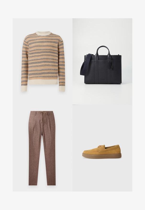 Knitted sweater in beige, brown, and cream with zigzag striped pattern. Features crew neckline and ribbed cuffs and hem.; Brown, textured trousers with a herringbone pattern, featuring a drawstring waist and two front pleats. Straight-leg design.; Brown suede slip-on shoes with a textured finish, round toe, and contrasting rubber sole. Features subtle branding near the heel.; Dark navy leather briefcase with dual top handles and a detachable strap. Features textured finish, vertical stitching, and logo detail.