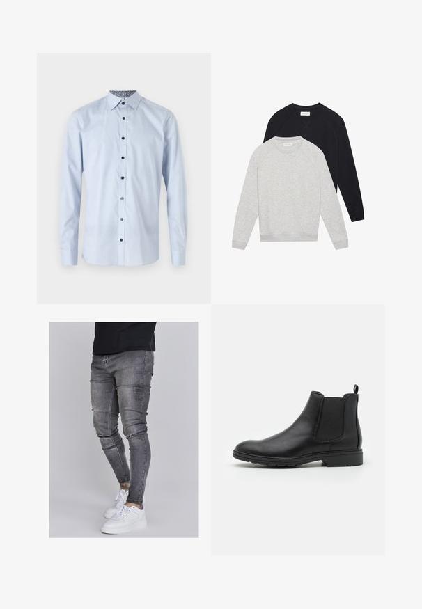 Kaks pikka varrukat kaelussweatshirtit, üks heledashall, mille peal on must, mõlemal soonikilised varrukasuud ja alläär.; Hele sinine pikkade varrukatega särk, millel on nööbiga krae, mustad nööbid ja mustriga sisekrae. Sujuv tekstuur, kohandatud sobivus.; Kitsad teksad tuhmhall denimil, millel on kulunud detailid põlvedes, koos valgete tossudega. Sile tekstuur, kitsas lõige.; Mustat nahast Chelsea saapad elastsete külgpaneelide ja tõmbeotsaga, ümarate varvaste ja tekstuurse kummitaldiga.