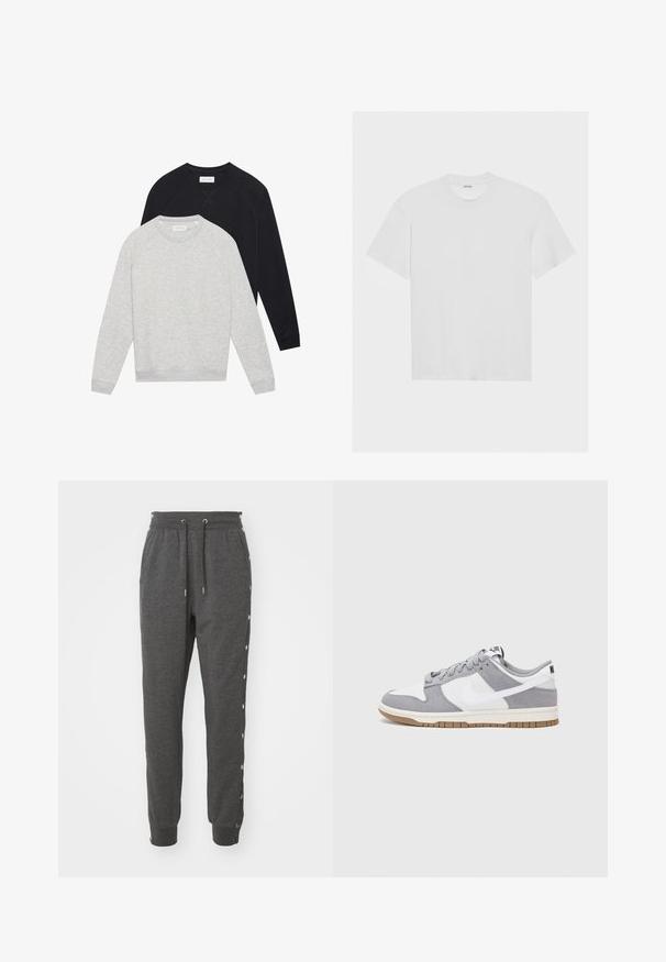 Dos sudaderas de cuello redondo de manga larga, una gris claro delante de una negra, ambas con puños y dobladillo acanalados.; Camiseta de algodón blanca de manga corta, cuello redondo y un corte relajado. Textura suave y sin patrones ni acentos visibles.; Pantalones de chándal grises, fabricados en una tela suave, con una cintura ajustable con cordón, puños en los tobillos y botones a presión a lo largo de los lados para un fácil acceso.; Zapatilla gris y blanca con parte superior de ante y cuero, puntera redondeada, cordones planos y suela de goma con un acento de goma.