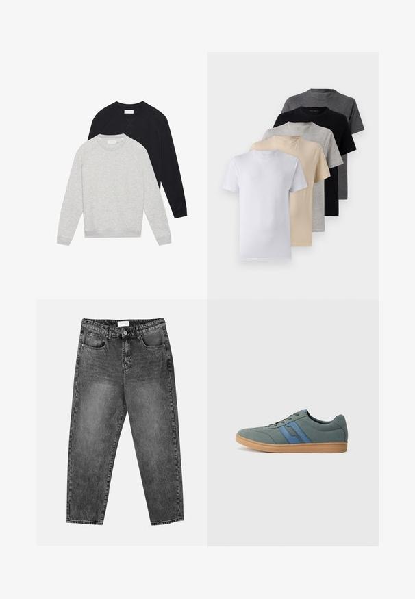 Divas garām piedurknēm, pelēkā un melnā krāsā, ar ribotiem piegriezumiem un apakšmalu. Pelēkā ir priekšā un melnā aiz tās.; Piecu īsām piedurknēm T-kreklu komplekts baltā, bēšā, gaiši pelēkā, tumši pelēkā un melnā krāsā. Izgatavoti no gludas kokvilnas, ar apaļu kakla izgriezumu.; Melnās mazgātās taisnās kājas džinsas ar priekšējiem un aizmugurējiem kabatām, josta cilpām un pogu aizdari jostasvietā.; Gaiši zaļi zamša sporta apavi ar ziliem akcentiem, plati šņorējumi un bēša gumijas zole. Apaļa purngalu forma un zema profila dizains.