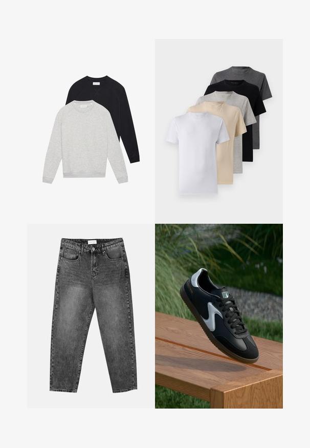 Két hosszú ujjú, kerek nyakú pulóver, az egyik világosszürke elöl, a másik fekete, mindkettő bordázott mandzsettával és aljjal rendelkezik.; Öt darab rövid ujjú póló szett fehér, bézs, világosszürke, sötétszürke és fekete színekben. Simaságot biztosító pamutból készült, kerek nyakkivágással.; Fekete mosott elegáns egyenes szárú farmernadrág, elülső és hátsó zsebekkel, övhurkokkal és gombos záródással a deréknál.; Fekete-fehér sportcipő sima bőr felsőrésszel, strukturált talppal és kontrasztos részletekkel. Oldalán logóval és fűzőkkel rendelkezik.