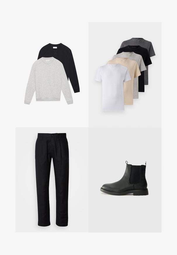 Dvě mikiny s dlouhým rukávem a kulatým výstřihem, jedna světle šedá položená před černou, obě s žebrovanými manžetami a lemem.; Sada pěti triček s krátkým rukávem v bílé, béžové, světle šedé, tmavě šedé a černé barvě. Vyrobena z hladké bavlny, s designem kulatého výstřihu.; Černé kalhoty rovného střihu s poutky na pásek, předním zapínáním na knoflík a bočními kapsami, vystavené na světlém pozadí.; Černé kožené chelsea boty s elastickými bočními panely, poutky na patě, kulatou špičkou a strukturovanou gumovou podrážkou. Hladký povrch a robustní design.